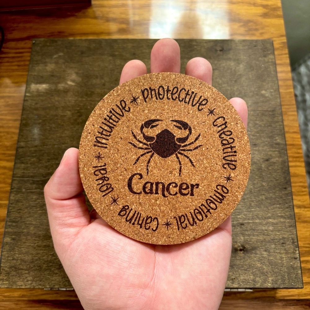 Cancer Zodiac Sign Encircled Laser Engraved Cork Coaster - Picture 3 of 5